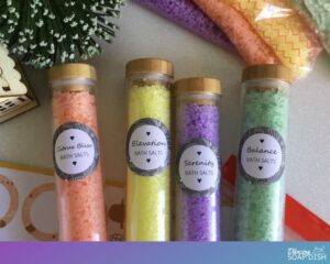 labelled bath salts tubes in four scents