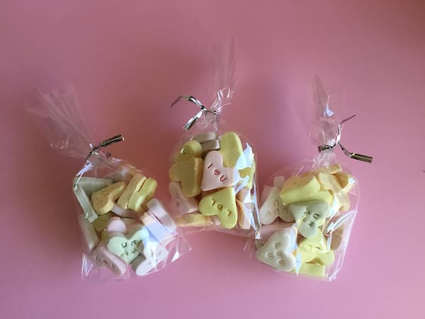 homemade conversation hearts in cellophane bags