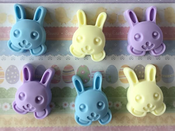 pastel blue, purple and yellow rabbit head-shaped melt and pour soap bars