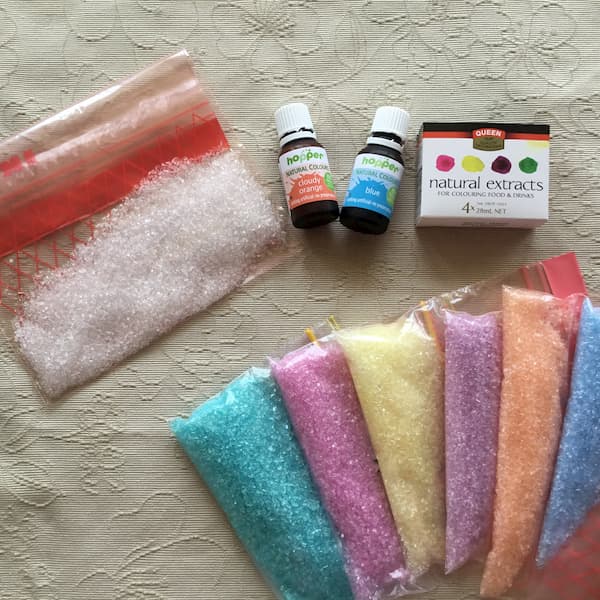 food coloring and ziplock bags filled with colored epsom salts