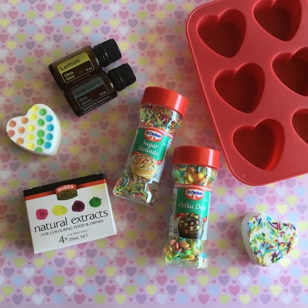 cake sprinkles, heart silicone mold, food coloring and doterra essential oils