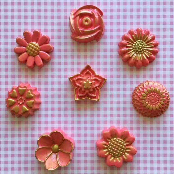 pink and gold painted floral fridge magnets