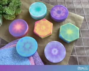 Melt and pour soap bars decorated with a tie dye effect
