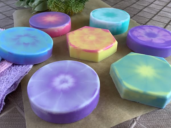 Melt and pour soap bars decorated with a tie dye effect