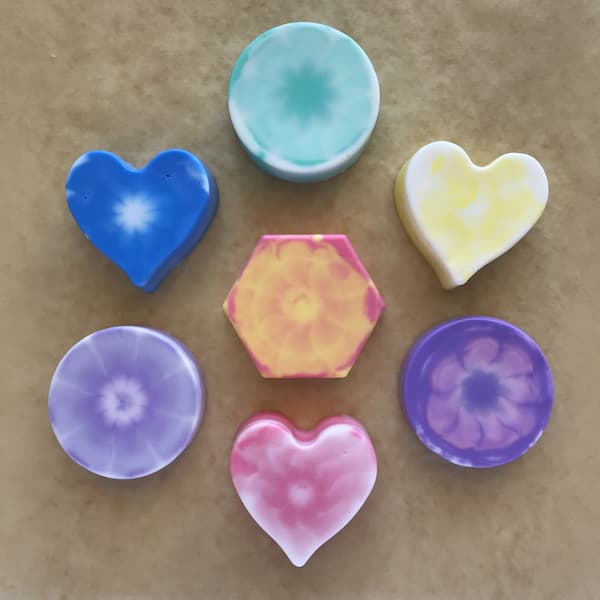 circle, heart and hexagon shaped tie dye soap bars