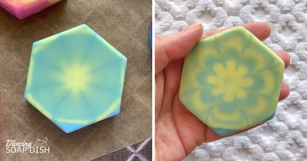 side by side comparison photo of a tie dye soap bar before and after first use.  the pattern of the soap changes as you use the soap away.