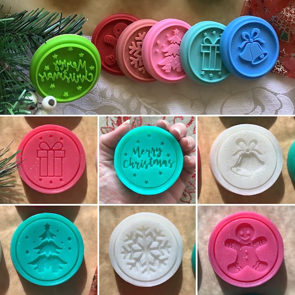 a collage of 7 photos showing six different designs of Christmas themed cookie stamp soap bars