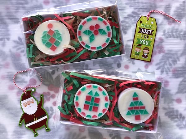 packaged mosaic Christmas soaps in cellophane bags with Christmas gift tags