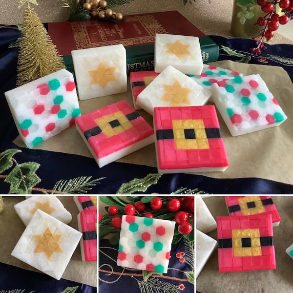a collage image of nine square mosaic soap bars with three different Christmas designs