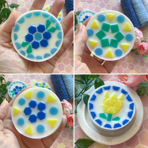 a collage of four different mosaic soap bar designs