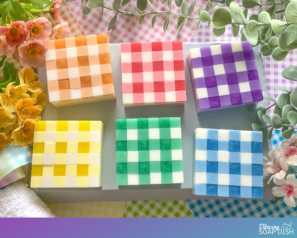 gingham-patterned soap bars in six different colours