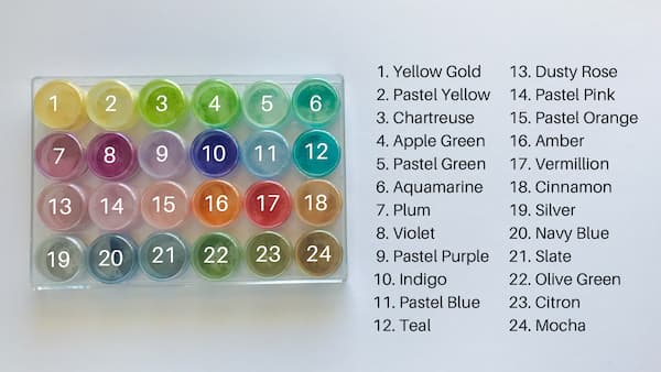 24 numbered coloured micas in a storage container with their corresponding names listed beside them