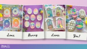 Four collage frames display images of pastel Easter themed handmade soaps. The first shows rectangular gradient soaps with Easter egg centres, the second features egg shaped soaps in soft rainbow patterns, the third presents rectangular soaps displaying special deliveries from the Easter bunny on the doorstep of arched, pastel doorways, and the fourth shows oval massage soap bars decorated to look like Easter eggs. Beneath each frame is one word of the handwritten phrase “Some Bunny Loves You!”.