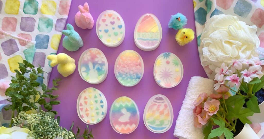 eight easter egg shaped soap bars in rainbow pastel colours