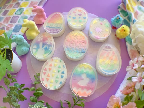 eight easter egg shaped soap bars in rainbow pastel colours