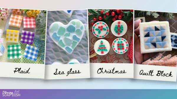 Four handmade soaps are displayed side by side, each with a distinct mosaic-themed design. The first features colourful plaid patterns in square bars, the second is a heart shaped soap with blue and green sea glass pieces, the third shows round Christmas themed soaps with red, green, and white mosaic patterns, and the fourth is a square soap with a blue and cream quilt block design.