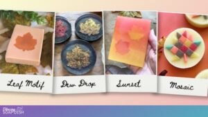 Images of four handmade soaps are displayed side by side, each with a Fall or Autumn theme. The first is a rectangular bar featuring a maple leaf silhouette, the second shows round soaps with detailed dew-covered leaf like patterns, the third is a gradient pink to orange bar emulating a sunset with a floating leaf design, and the fourth is a circular soap topped with colourful mosaic tiles in the shape of an Autumn leaf.