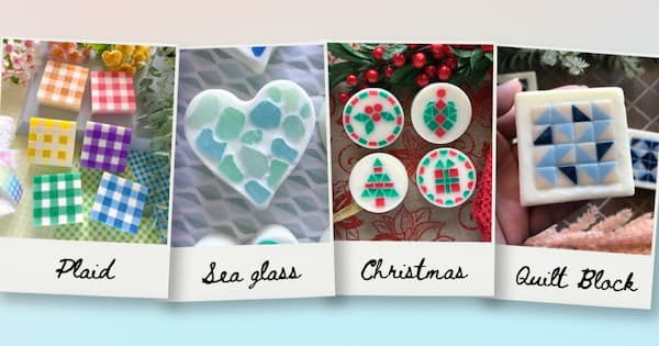 A four panel collage displays different mosaic-themed handmade soaps. The first panel shows square soaps with colourful plaid patterns. The second features a heart shaped soap embedded with translucent blue and green sea glass like pieces. The third shows round soaps decorated with red and green geometric Christmas motifs. The fourth presents a blue and white geometric quilt block soap held in a hand.