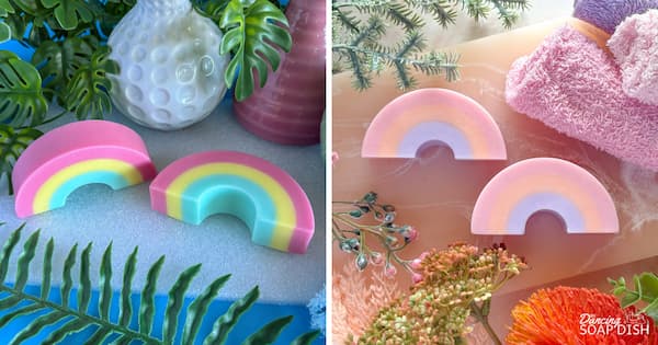 Two photos show rainbow shaped soaps. On the left, two pink, yellow and aqua rainbow soaps rest on a light blue surface with tropical leaves and textured white and pink vases. On the right, pastel pink, peach and mauve rainbow soaps sit on a soft pink background surrounded by towels and flowers, creating a bright, cheerful display.