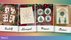 A festive collage showcases four styles of handmade Christmas‑themed soaps. One features reindeer designs, another shows a gold snowflake-stamped ornament, a third displays round soaps with colorful mosaic Christmas patterns, and the last resembles a decorated Christmas doorway with a wreath and small trees. The background blends red, gold, and green for a cheerful holiday feel.