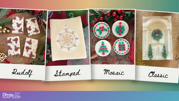 A festive collage showcases four styles of handmade Christmas‑themed soaps. One features reindeer designs, another shows a gold snowflake-stamped ornament, a third displays round soaps with colorful mosaic Christmas patterns, and the last resembles a decorated Christmas doorway with a wreath and small trees. The background blends red, gold, and green for a cheerful holiday feel.
