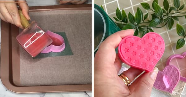 A side‑by‑side collage demonstrating a resin tape and melt and pour soap technique. On the left, pink soap is being poured into a make-shift soap mould consisting of a heart‑shaped plastic cookie cutter placed on a piece of resin tape. On the right, a hand holds a finished pink heart‑shaped soap embossed with a pattern of small stars. A roll of resin tape, a cookie cutter and stamp, and some greenery sit in the background.